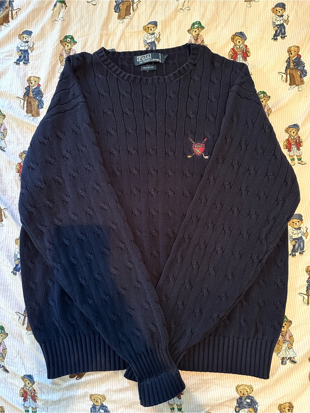 Polo by Ralph Lauren Navy Cable Crewneck Sweater with Heart Crest